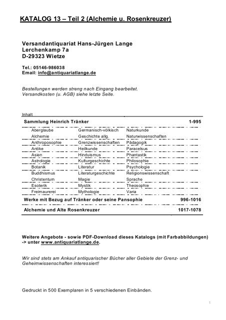 Occulta-Antiquariats-Katalog 13.2 Alchemie