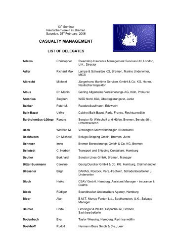 CASUALTY MANAGEMENT - Nautischer Verein zu Bremen, Bremen