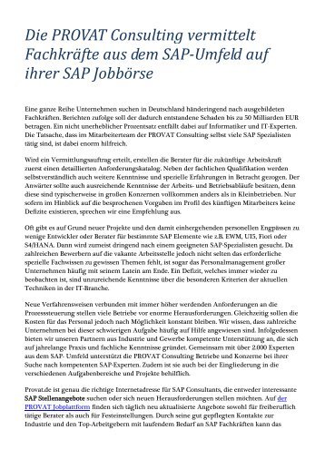 Die PROVAT Consulting vermittelt Fachkräfte aus dem SAP-Umfeld auf ihrer SAP Jobbörse