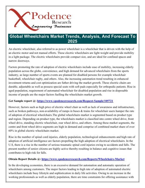 Wheelchairs Market Report 2018 - Analysis and Forecast to 2025 - Research and Markets