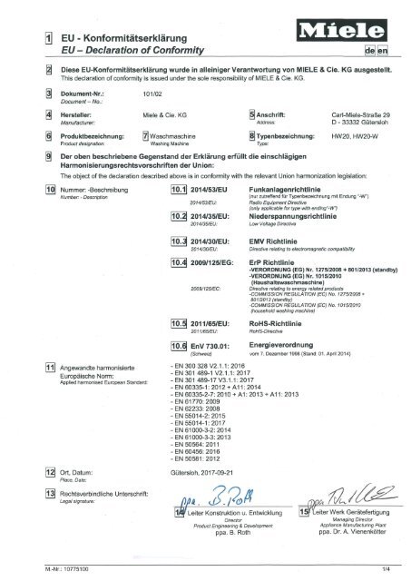 Miele WCI330 PWash 2.0 XL - Dichiarazione di conformit&agrave; CE
