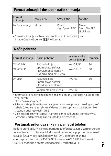 Sony FDR-AXP33 - FDR-AXP33 Consignes d&rsquo;utilisation Croate