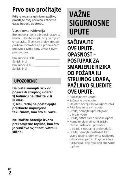 Sony FDR-AXP33 - FDR-AXP33 Consignes d&rsquo;utilisation Croate