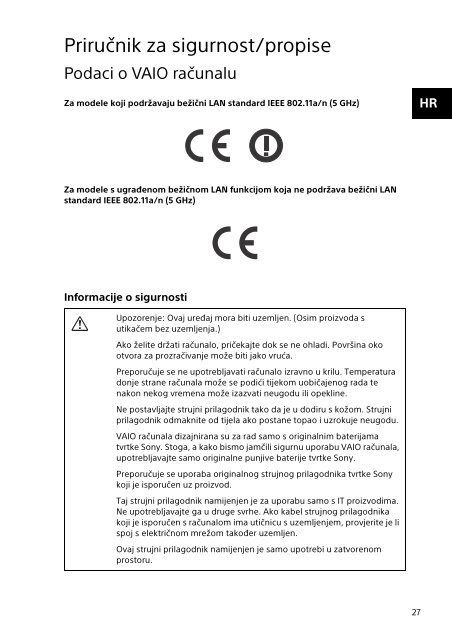 Sony SVF15A1C5E - SVF15A1C5E Documents de garantie Croate