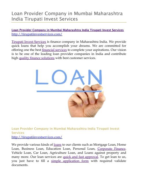 Loan Provider Company in Mumbai Maharashtra India Tirupati Invest Services