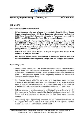 Appendix 5B Mining exploration entity quarterly report - CuDeco