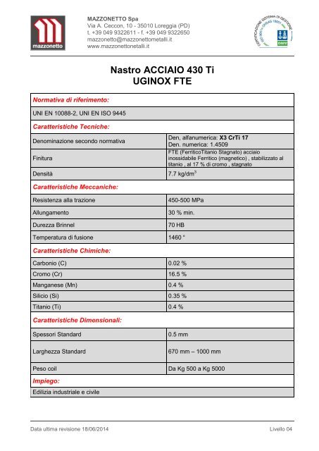 Nastro Acciaio 430 Ti UGINOX FTE