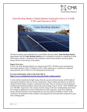 Solar Rooftop Market to Reach Valuation USD 4.14 Billion by 2022 - Crystal Market research