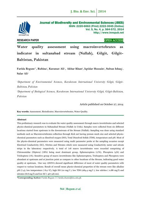 Water quality assessment using macroinvertebrates as indicator in sultanabad stream (Nallah), Gilgit, Gilgit-Baltistan, Pakistan