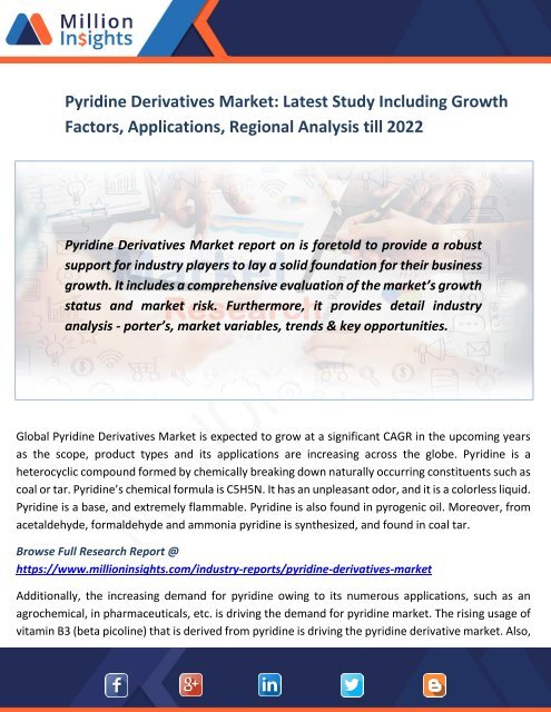 Pyridine Derivatives Market Latest Study Including Growth Factors, Applications, Regional Analysis till 2022