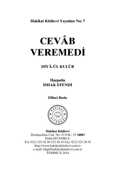 Cevab Veremedi - Diyaul Kulub - Harputlu Ishak Efendi