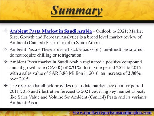 Ambient Pasta Market in Saudi Arabia - Outlook to 2021