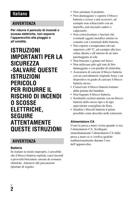 Sony DSC-RX1 - DSC-RX1 Consignes d&rsquo;utilisation Italien