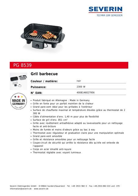 Severin PG 8539 Gril barbecue - Fiche technique