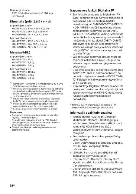 Sony KDL-49WD757 - KDL-49WD757 Mode d'emploi Serbe