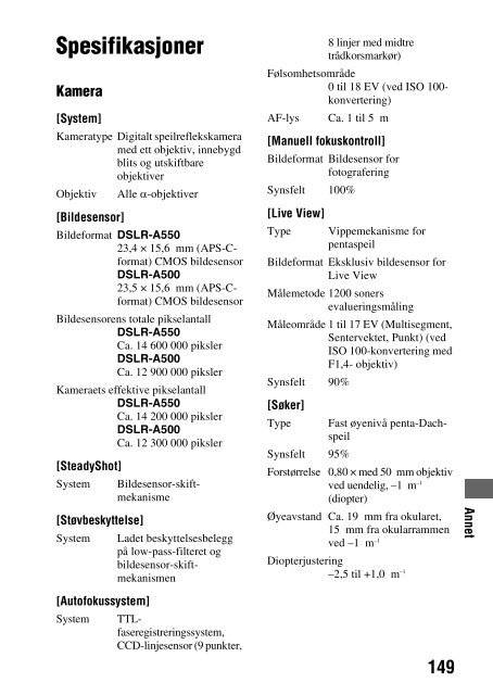 Sony DSLR-A550L - DSLR-A550L Consignes d&rsquo;utilisation Norv&eacute;gien