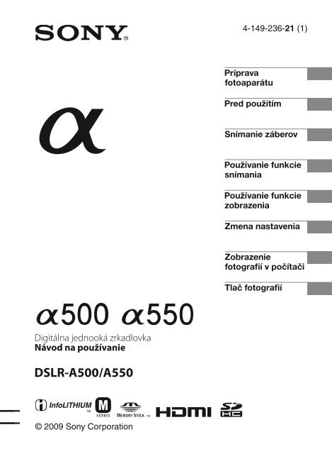 Sony DSLR-A550L - DSLR-A550L Consignes d&rsquo;utilisation Slovaque