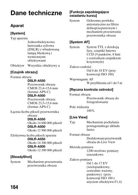 Sony DSLR-A550L - DSLR-A550L Consignes d&rsquo;utilisation Polonais