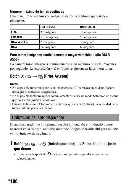 Sony DSLR-A550L - DSLR-A550L Consignes d&rsquo;utilisation Espagnol