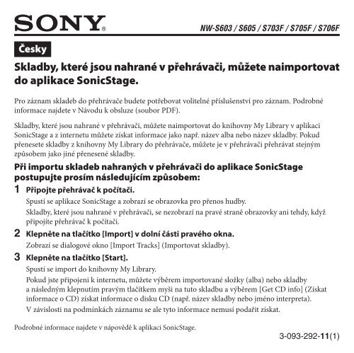 Sony NW-S703F - NW-S703F Mode d'emploi Tch&egrave;que