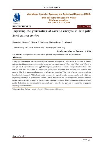 Improving the germination of somatic embryos in date palm Berhi cultivar in vitro