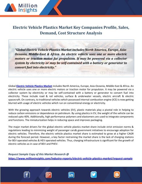 Electric Vehicle Plastics Market Key Companies Profile, Sales, Demand, Cost Structure Analysis