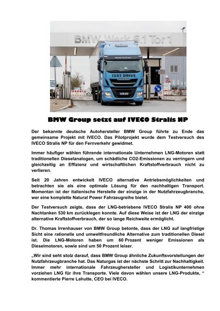 BMW Group und IVECO - Partnerschaft für umweltfreundlichen Fernverkehr