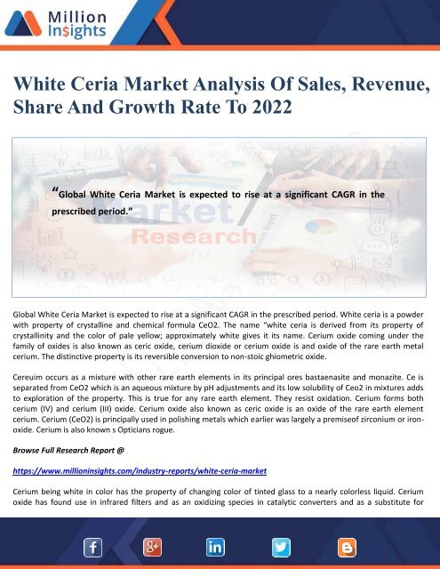 White Ceria Market Analysis Of Sales, Revenue, Share And Growth Rate To 2022