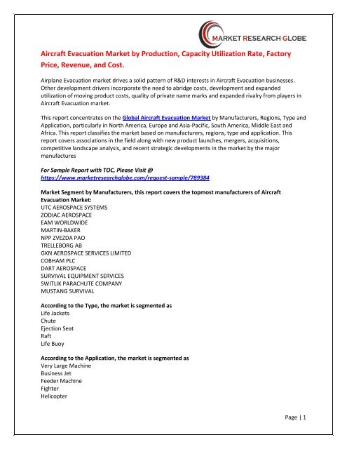 Aircraft Evacuation Market by Production, Capacity Utilization Rate, Factory Price, Revenue, and Cost.