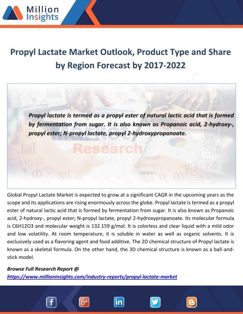 Propyl Lactate Market Outlook, Product Type and Share by Region Forecast by 2017-2022