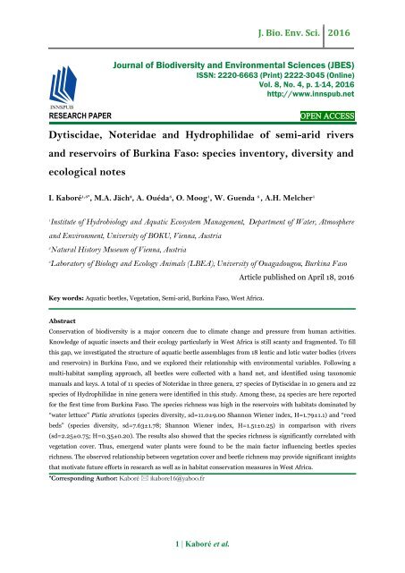 Dytiscidae, Noteridae and Hydrophilidae of semi-arid rivers and reservoirs of Burkina Faso: species inventory, diversity and ecological notes