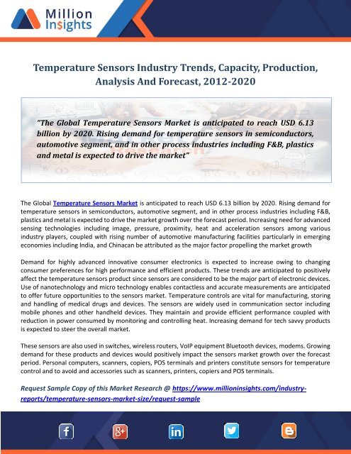 Temperature Sensors Industry Trends, Capacity, Production, Analysis And Forecast, 2012-2020