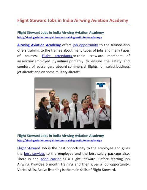 Flight Steward Jobs in India Airwing Aviation Academy