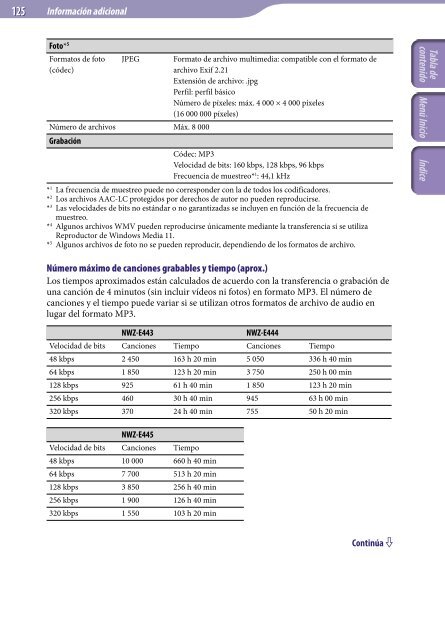 Sony NWZ-E445 - NWZ-E445 Consignes d&rsquo;utilisation Espagnol