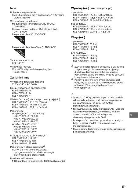Sony KDL-42W805A - KDL-42W805A Guida di riferimento Polacco