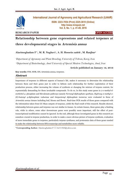 Relationship between gene expressions and related terpenes at three developmental stages in Artemisia annua