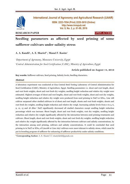 Seedling parameters as affected by seed priming of some safflower cultivars under salinity stress