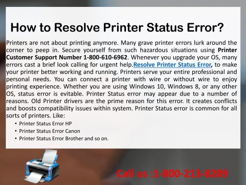 Call 1-800-213-8289 to Resolve Printer Status Error