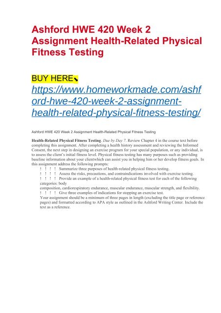 Ashford HWE 420 Week 2 Assignment Health-Related Physical Fitness Testing