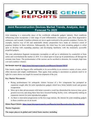 “ Global Joint Reconstruction” - Medical Devices Market”: Which Would Be the Major Factors Responsible for Global Market Growth?