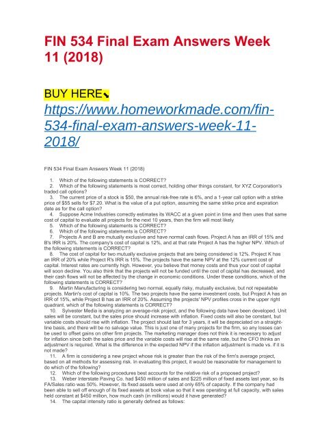 FIN 534 Final Exam Answers Week 11 (2018)