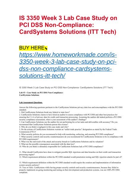 IS 3350 Week 3 Lab Case Study on PCI DSS Non-Compliance- CardSystems Solutions (ITT Tech)