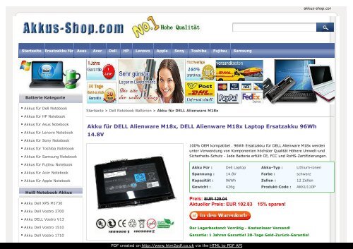 Akku für DELL Alienware M18x, www.akkus-shop.com
