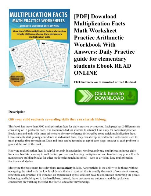 [PDF] Download Multiplication Facts Math Worksheet Practice Arithmetic Workbook With Answers: Daily Practice guide for elementary students Ebook READ ONLINE