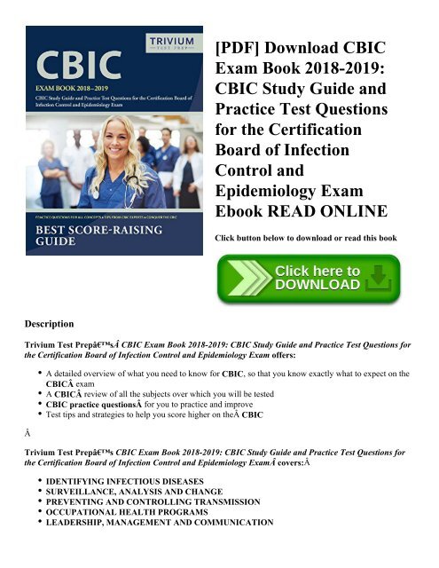 [PDF] Download CBIC Exam Book 2018-2019: CBIC Study Guide and Practice Test Questions for the Certification Board of Infection Control and Epidemiology Exam Ebook READ ONLINE