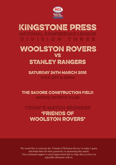 2018 Woolston Rovers Matchday Programme Stanley Rangers 240318