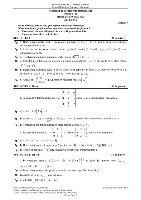 2016 Simulare BAC Matematica Mate-Info cls. a XI a