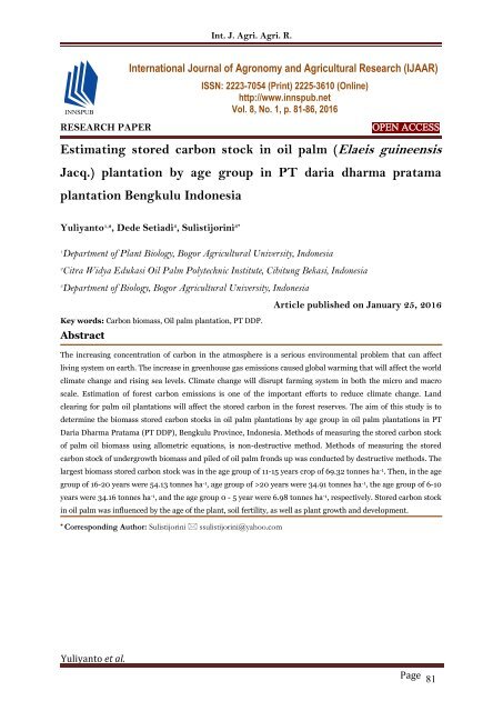 Estimating stored carbon stock in oil palm (Elaeis guineensis Jacq.) plantation by age group in PT daria dharma pratama plantation Bengkulu Indonesia