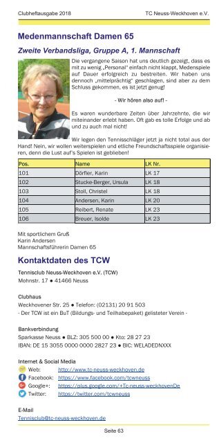 Clubheft des TCW - Ausgabe für 2018