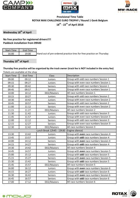 Timetable Genk Rotax Euro Trophy Genk 2018